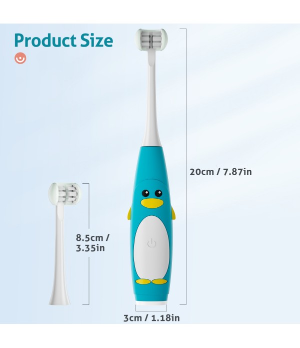 Kids Electric Toothbrush 3 Sided Toothbrush with 2 Brush Heads , Intelligent Timer 5 Gears Adjustment,Ipx7 Waterproof ,USB Cable