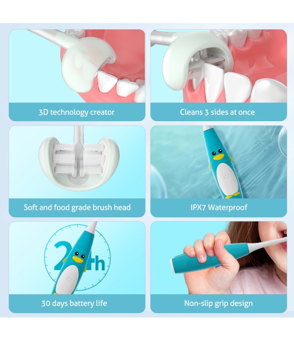 Kids Electric Toothbrush 3 Sided Toothbrush with 2 Brush Heads , Intelligent Timer 5 Gears Adjustment,Ipx7 Waterproof ,USB Cable