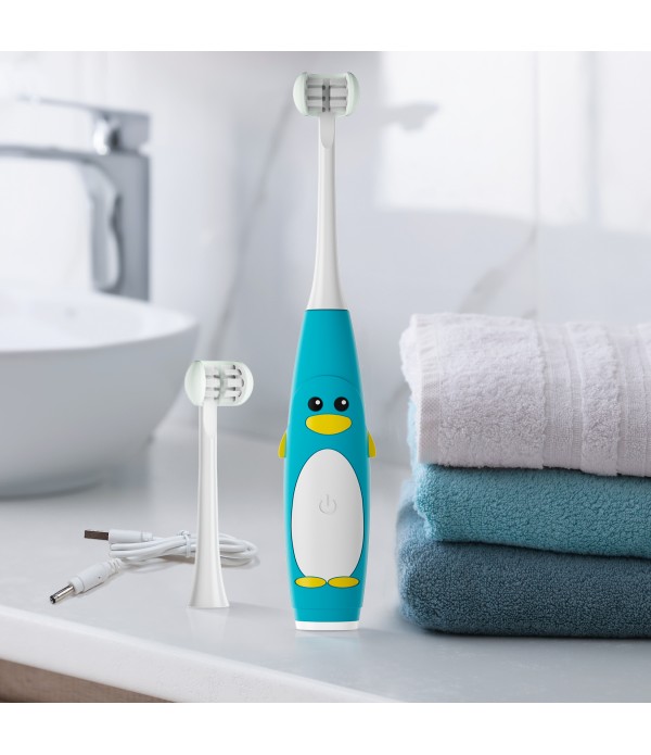 Kids Electric Toothbrush 3 Sided Toothbrush with 2 Brush Heads , Intelligent Timer 5 Gears Adjustment,Ipx7 Waterproof ,USB Cable