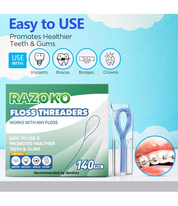 RAZOKO Floss Threaders | Dental Floss Threaders for Braces, Bridges, and Implants |140PCS (Pack of 2)