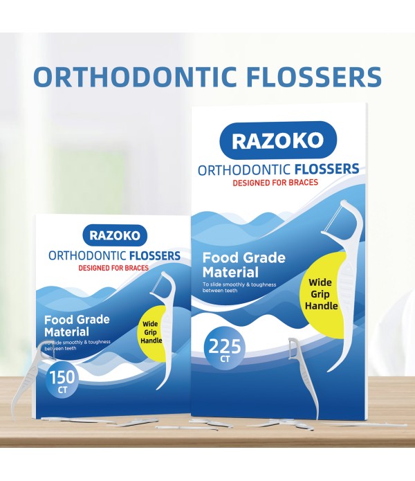 RAZOKO Orthodontic Flossers for Braces, Ortho Dental Floss Picks, Braces Flossers for Kids Teeth & Adults, Unflavored, 225 Count (Pack of 3)