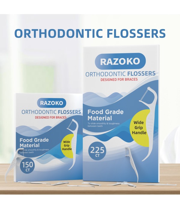 RAZOKO Orthodontic Flossers for Braces, Ortho Dental Floss Picks, Braces Flossers for Kids Teeth & Adults, Unflavored, 225 Count (Pack of 3)