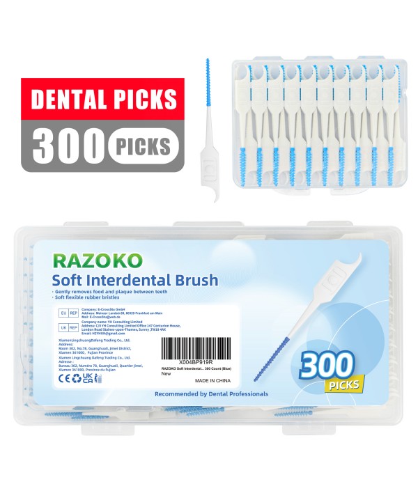 RAZOKO Soft Interdental Brushes Original, Dental Picks for Cleaning Teeth, Disposable Interdental Brushes, with Convenient Carry Case (Blue, 300 Count)