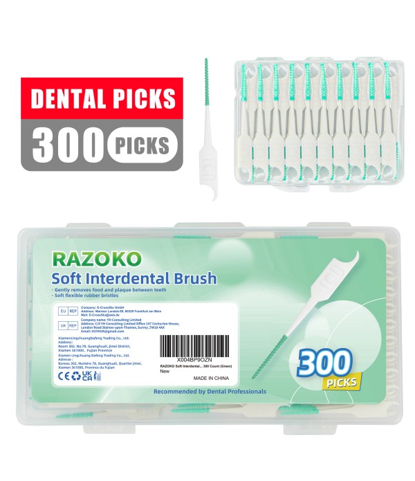 RAZOKO Soft Interdental Brushes Original, Dental Picks for Cleaning Teeth, Disposable Interdental Brushes, with Convenient Carry Case (Green, 300 Count)