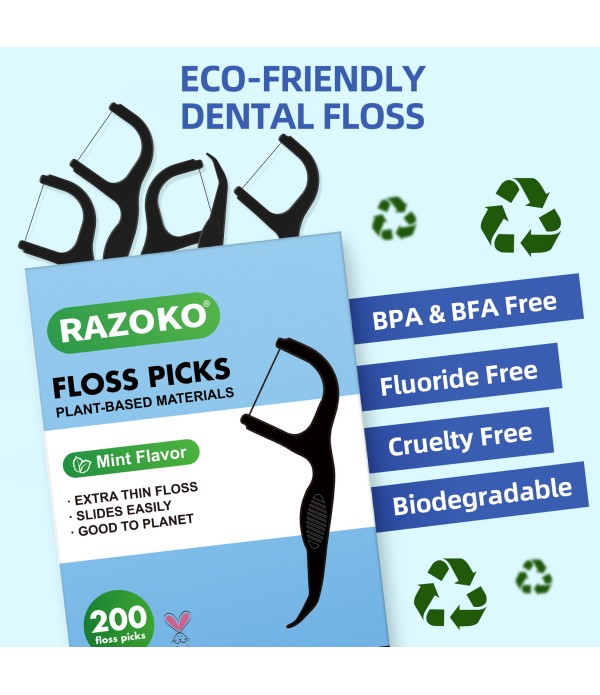 RAZOKO Biodegradable Dental Floss Picks, Charcoal Toothpick Stick Soft On Gum & Teeth, Plant Based Dental Floss Picks for Adults & Kids, 100 Count Mint