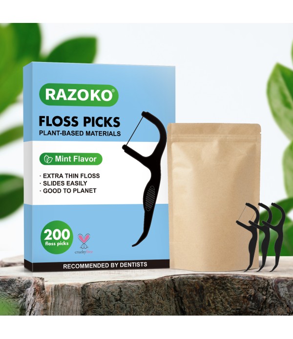 RAZOKO Biodegradable Dental Floss Picks, Charcoal Toothpick Stick Soft On Gum & Teeth, Plant Based Dental Floss Picks for Adults & Kids, 100 Count Mint